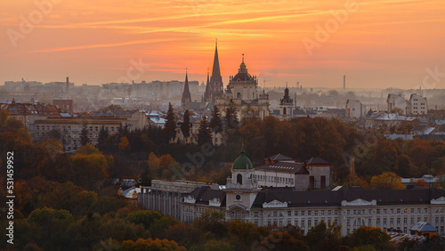Panorama of the old city of Lviv at sunset in autumn. photo