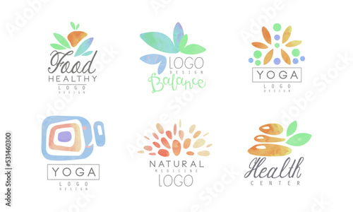 Natural medicine labels set. Organic food, healthy center, yoga badges vector illustration
