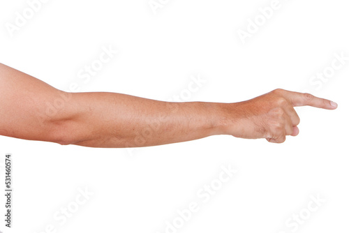 Male asian hand gestures isolated over the white background. pointing pose.