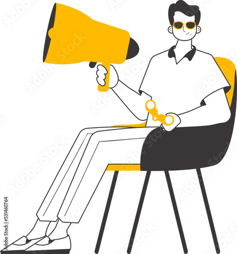 The man is holding a mouthpiece in his hands. Linear trendy style. Isolated. Vector illustration.