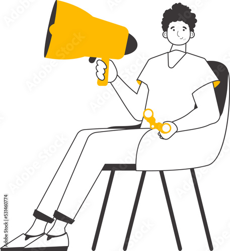 The man is holding a mouthpiece in his hands. Modern linear style. Isolated. Vector illustration.