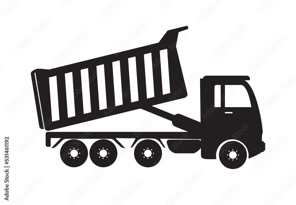Dump truck tipper icon, open dumper, black on white background Dump truck tipper icon, open dumper, black on white background