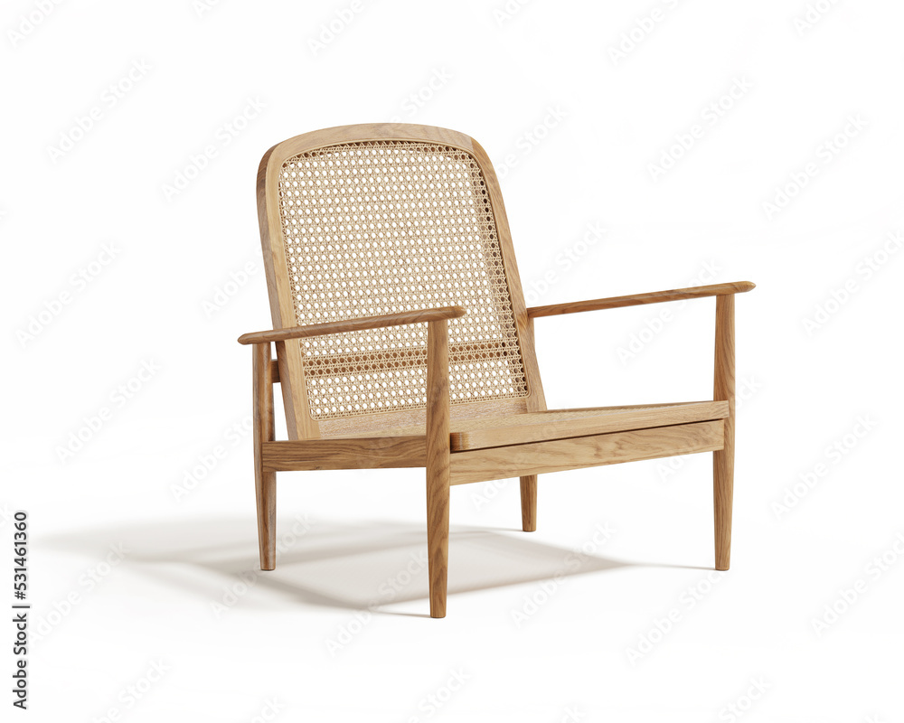 3d rendering of an Isolated brown teak rattan modern lounge armchair 3d rendering of an Isolated brown teak rattan modern lounge armchair