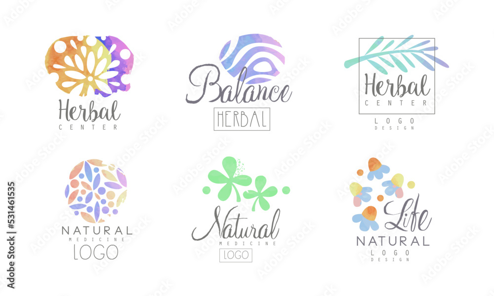 Herbal center labels set. Natural medicine, balance, natural life vector illustration