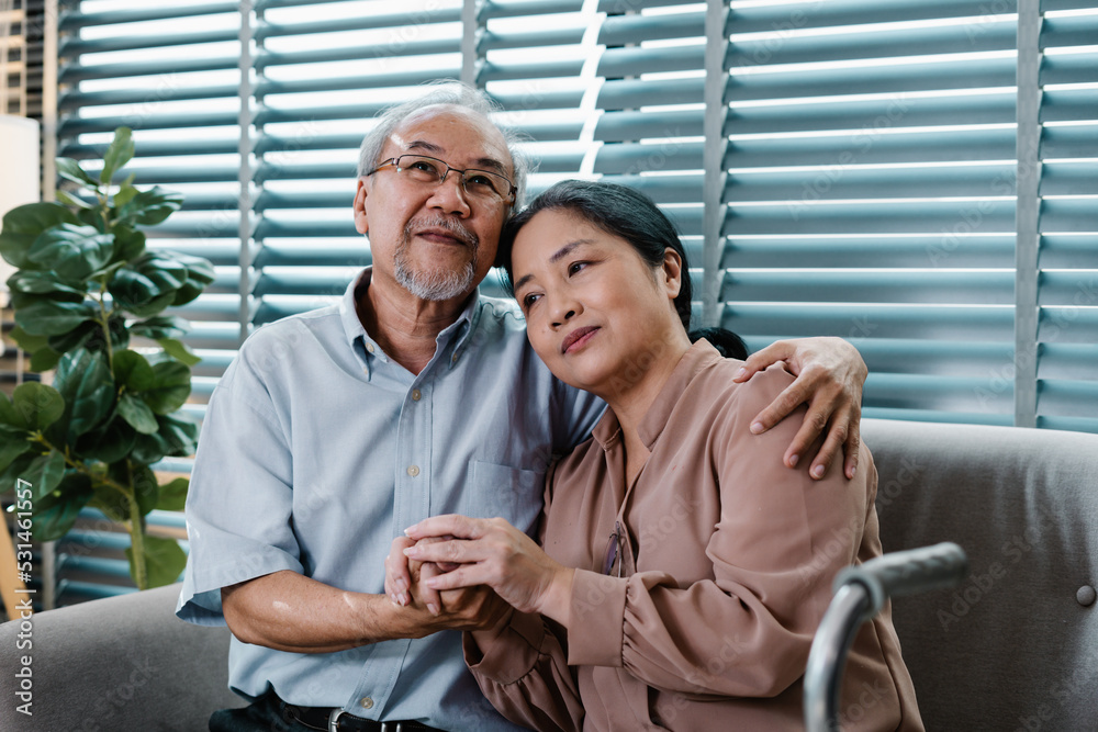 Elderly wife and husband living at home with love, Asian Senior couple take care of each other, Happy Life Retirement and Healthcare Concept Elderly wife and husband living at home with love, Asian Senior couple take care of each other, Happy Life Retirement and Healthcare Concept