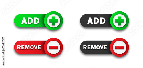 Web add and remove icons. Plus and minus signs. Flat vector illustration.