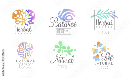 Herbal center labels set. Natural medicine, balance, natural life vector illustration