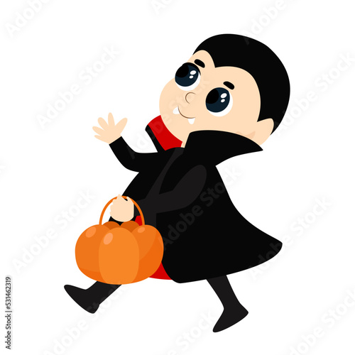 A small cute child dressed as a vampire or Count Dracula walks merrily with a candy pumpkin basket. Halloween character in cartoon style for theme design.