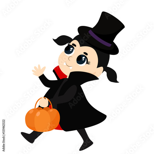 A cute little girl with black hair dressed in a vampire or Count Dracula costume walks merrily with a candy pumpkin basket. Halloween character in cartoon style for theme design.