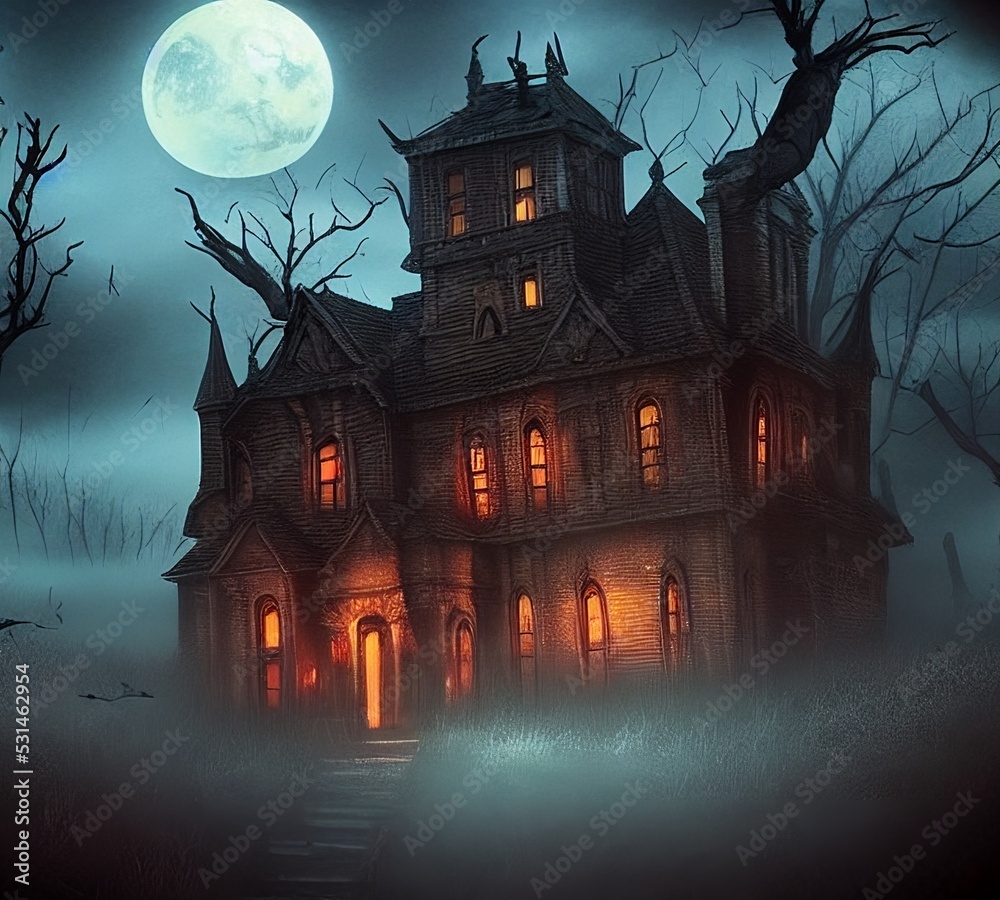 scary house, full moon, digital art