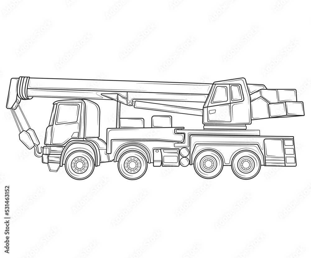 Construction crane on the basis of a car. Heavy special transport. Vector illustration.