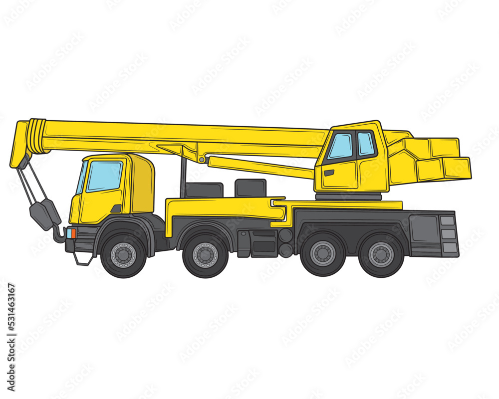 Construction crane on the basis of a car. Heavy special transport. Vector illustration.