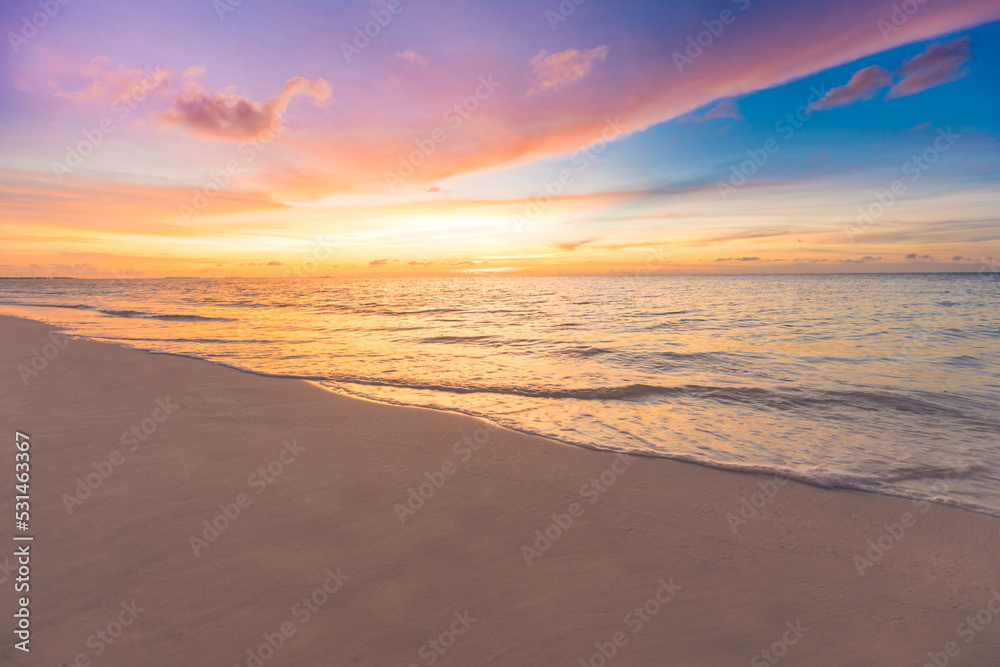 Majestic closeup view of calm sea water waves with orange sunrise sunset sunlight. Tropical island beach landscape, exotic shore coast. Summer vacation, holiday amazing nature scenic. Relax paradise