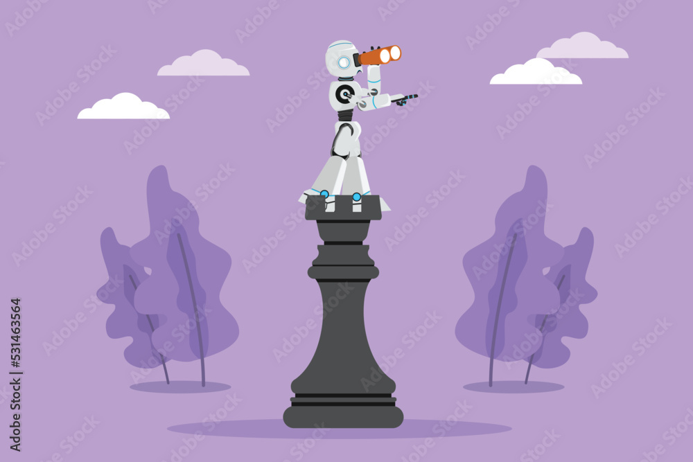 Character flat drawing robot standing on top big rook chess piece using ...