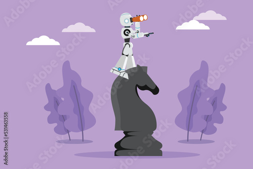 Graphic flat design drawing robot standing on top big horse chess piece using telescope looking for success. Future technology development. Artificial intelligence. Cartoon style vector illustration