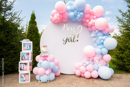 photo zone with pink and blue balloons for gender party
