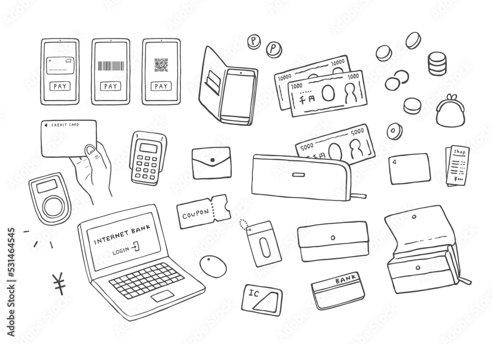 いろんな支払い方法やお金にまつわる手描きイラストセット(モノクロ) いろんな支払い方法やお金にまつわる手描きイラストセット(モノクロ)