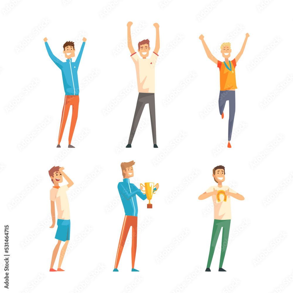 Male athletes celebrating victory with trophies set. Sports competition winners standing with hands raised cartoon vector illustration