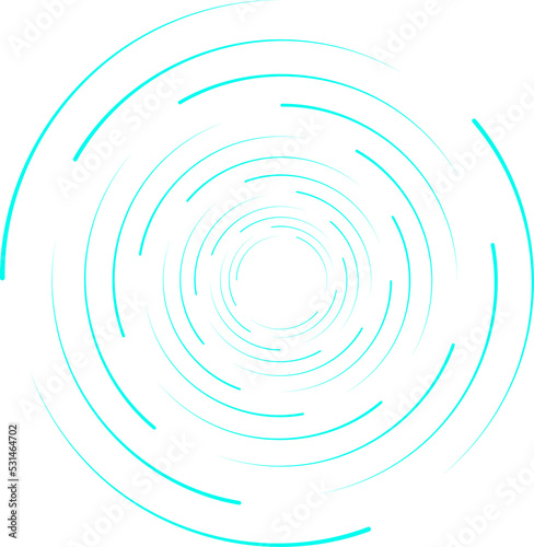 Neon swirl circle. Light blue, turquoise spiral, HUD element. Isolated png illustration, transparent background. Asset for overlay, montage, collage. Business, tech concept. 