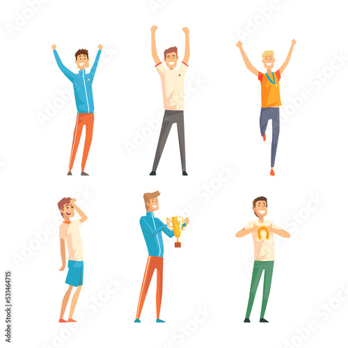 Male athletes celebrating victory with trophies set. Sports competition winners standing with hands raised cartoon vector illustration