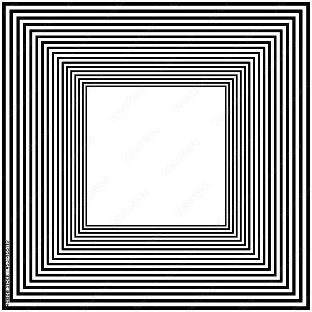 Black outlined square frame, border. Optical illusion. Isolated vector illustration, transparent background. Asset for overlay, texture, pattern, montage, collage, shape, card or mark making. Black outlined square frame, border. Optical illusion. Isolated vector illustration, transparent background. Asset for overlay, texture, pattern, montage, collage, shape, card or mark making.