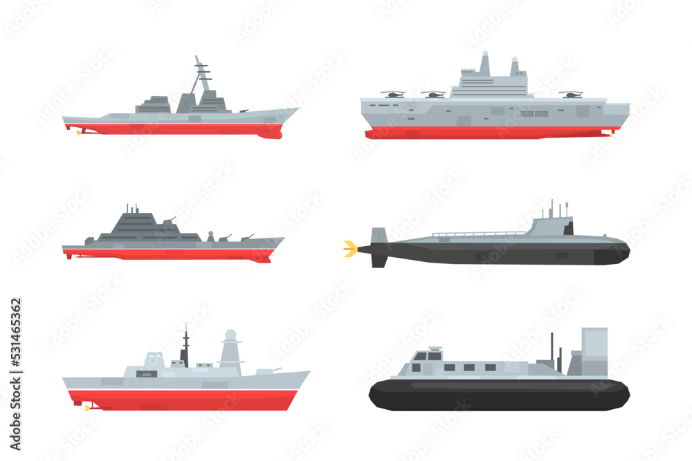 Nautical naval and civil ships set. Submarine, speed boat, cargo ship maritime transport flat vector illustration
