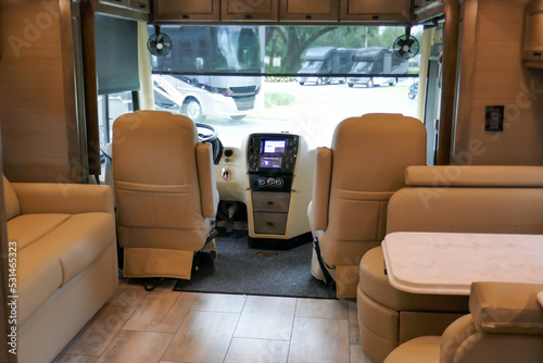 Luxury Class a RV Motorhome front seat cockpit view