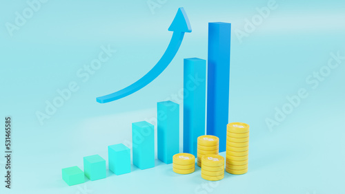 Blue rising arrow investment growth trading stock. multiple arrangements of coins. blue background for banner, Cryptocurrency, graft candlestick chart, financial, Bullish, 3D rendering, illustration.