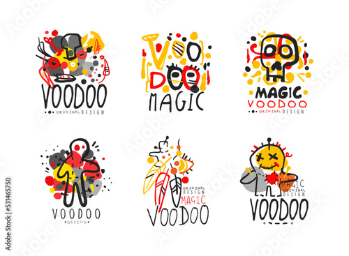 Voodoo logo design set. African and American magic labels or badges hand drawn vector illustration