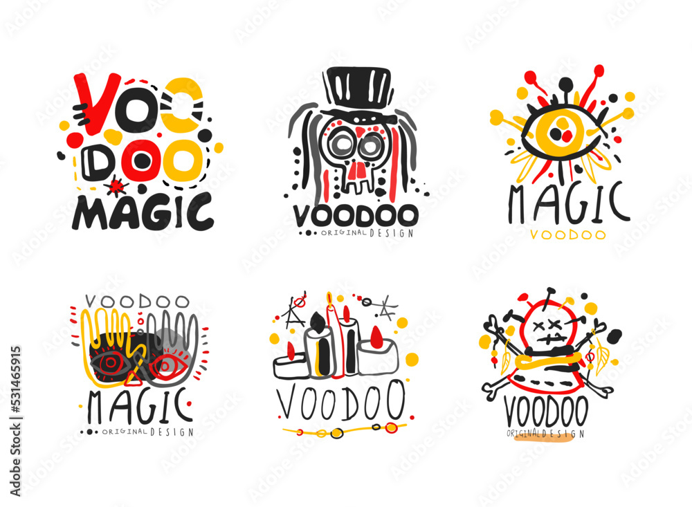 Voodoo labels set. African and American magic logo design hand drawn vector illustration
