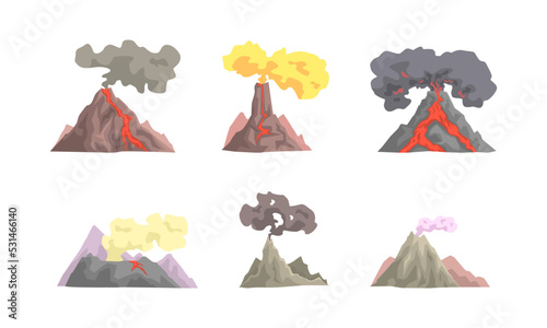 Set of volcano eruption. Volcanoes with magma flowing down, smoke and ash vector illustration