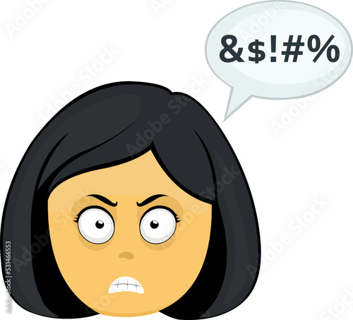 Vector emoji illustration of a yellow cartoon woman, with an angry expression and a dialogue bubble with an insult text