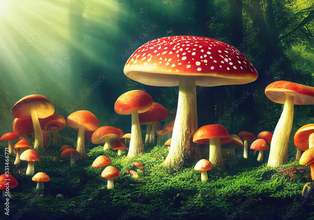 Illustration of a magic forest with beautiful big red magic mushrooms ...