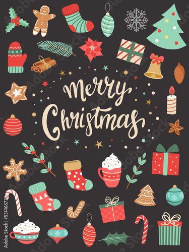 A large collection of characters and items for the new year and Christmas. vector illustration in cartoon style