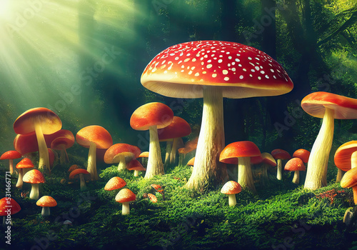 Illustration of a magic forest with beautiful big red magic mushrooms. An enchanted fairy tale, a dreamy elf forest with sun rays making a vibrant background.