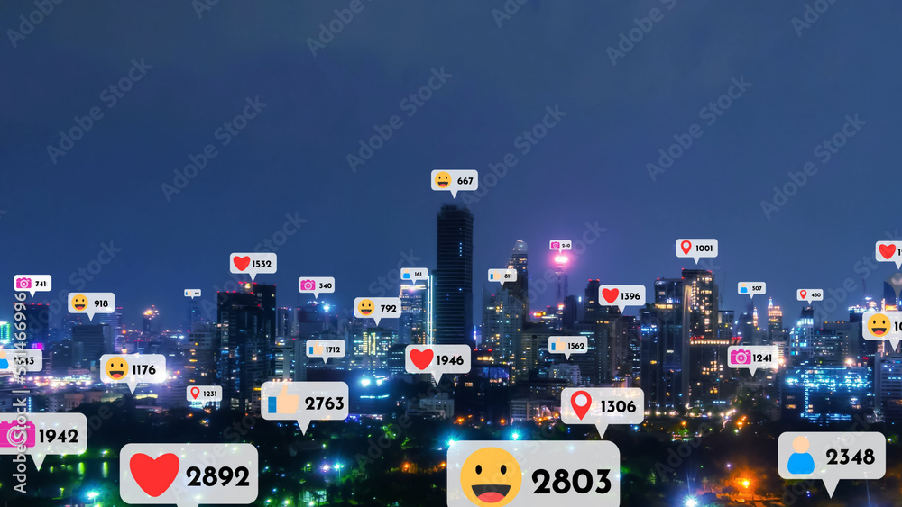 Social media icons fly over city downtown showing people reciprocity connection through social network application platform . Concept for online community and social media marketing strategy . - obrazy, fototapety, plakaty 