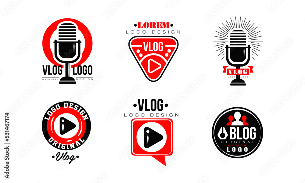 Video blogging or video channel logo design set vector illustration