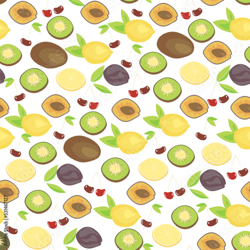 seamless pattern of fruits plums, kiwi, lemons on a transparent background