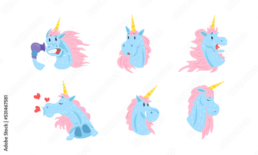 Funny male unicorn with various face expression set. Mythical animal character showing different emotions cartoon vector illustration Funny male unicorn with various face expression set. Mythical animal character showing different emotions cartoon vector illustration