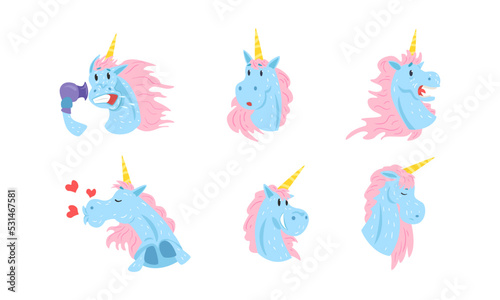 Funny male unicorn with various face expression set. Mythical animal character showing different emotions cartoon vector illustration