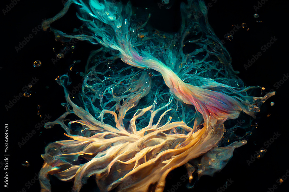 Obraz premium abstract organic life form glowing neon color tecture light jelly fish under deep dark water,3d render.background.