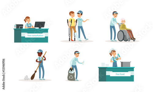 Teenage volunteers set. Children sweeping streets, collecting plastic waste, help disabled and elderly people cartoon vector illustration