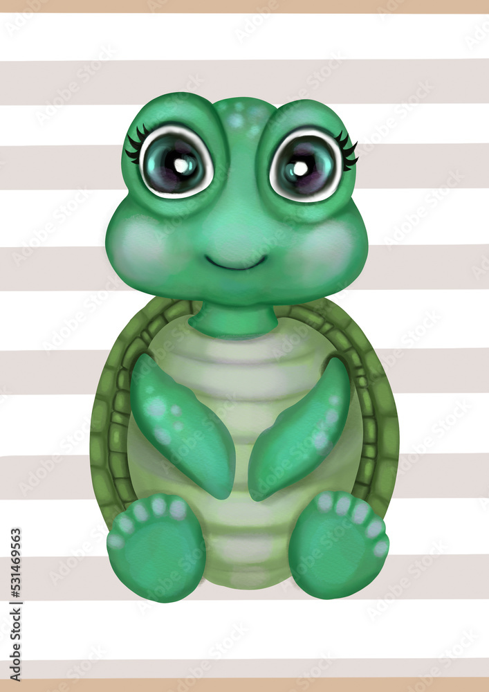 Fototapeta premium Cute watercolor baby turtoise girl on a stripe background. Hand drawn adorable aquarelle turtle poster, illustration. Designed for kids greeting cards, frame art, nursery room, clothes.