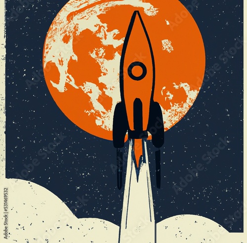 adventure vintage retro rocket blasts off towards the moon, poster style, digital illustration	