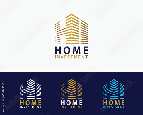 Set of Gold Home Building with Initial Letter H I, Golden Real Estate Apartment with HI Monogram luxury elegant logo design