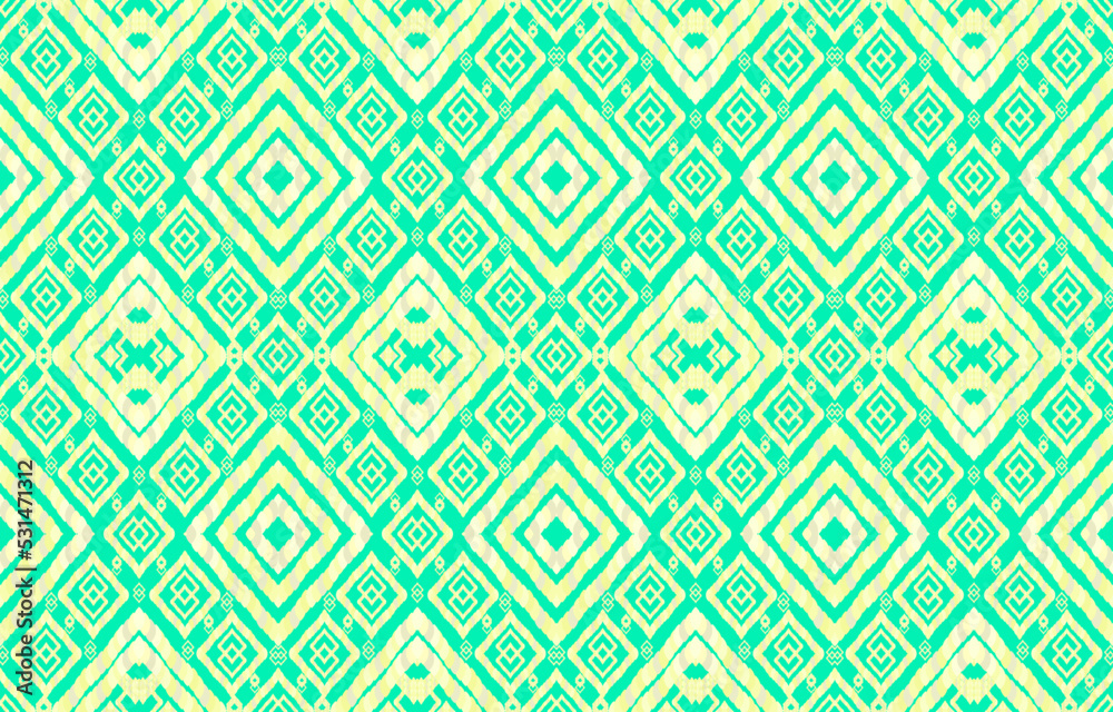 Elegant pastel green color ikat patterns. Geometric rice seed line motif retro style. Ethnic fabric ikat seamless pattern. Asian folk ikat print vector design for texture clothing textile wallpaper.