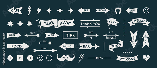 Arrow set icons. Collection vintage sign, symbols and graphic elements, white on black. Flat arrow set for decorative design. Hand-drawn graphics, drawing sign. Simple arrows. Vector Illustration