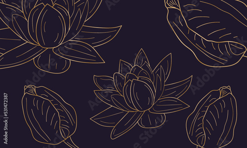 Luxury lotus and tulip gold art deco wallpaper. Nature background vector. Floral pattern with golden flower line art. Vector illustration #531472387