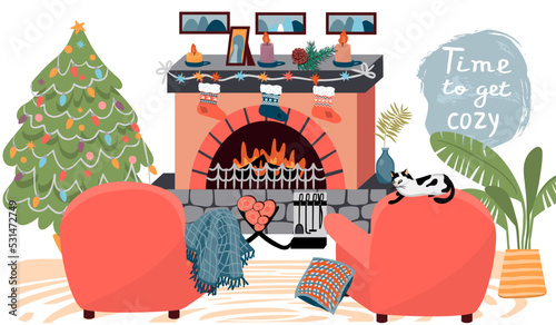 Time to get cozy.Vector illustration with fireplace, armchairs, blanket, pillow, cat, houseplant and Christmas tree.Cute flat style  home interior and lettering.Comfortable lifestyle,winter mood.