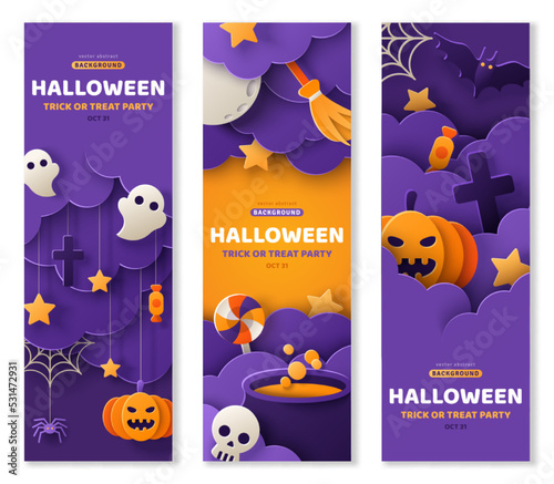Happy Halloween banners set, kids party invite background with clouds, bats and pumpkins. Paper cut art. Vector illustration. Spider web, ghost, skull, witch cauldron. Place for text. Trick or treat